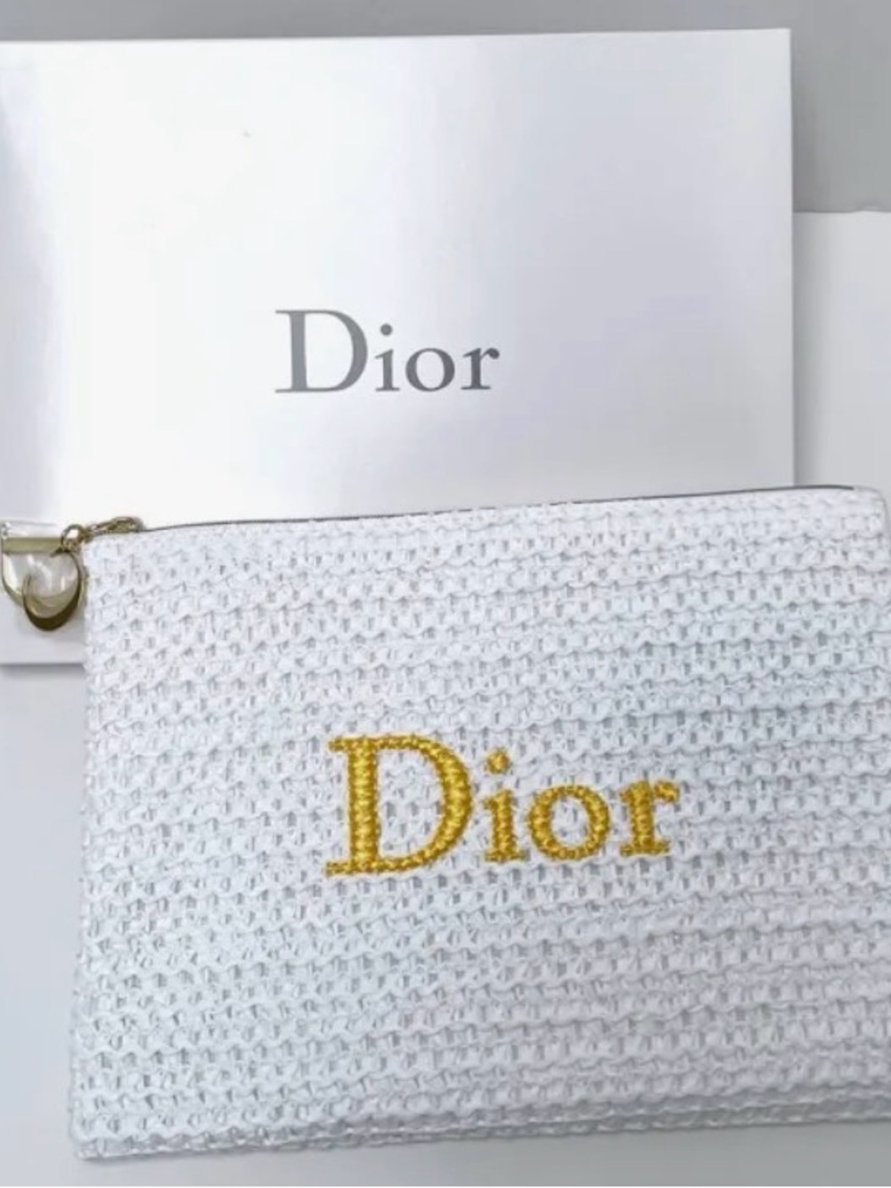 🆕☀️Dior White raffia Cosmetic Pouch with Gold CD zipper& Embroidered Logo